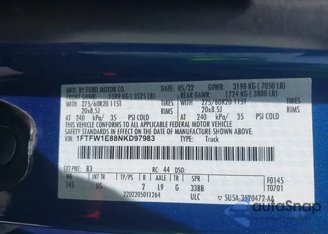 2022 Ford F150 Supercrew из США, поврежденный, VIN 1FTFW1E88NKD97983